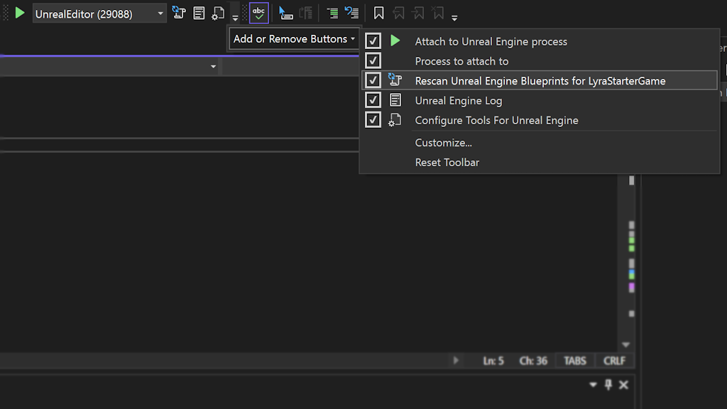 New Unreal Engine toolbar, options to attach processes, scan blueprints, configure tools, and more