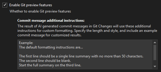 Screenshot showing how you can customize the format of your git commit messages