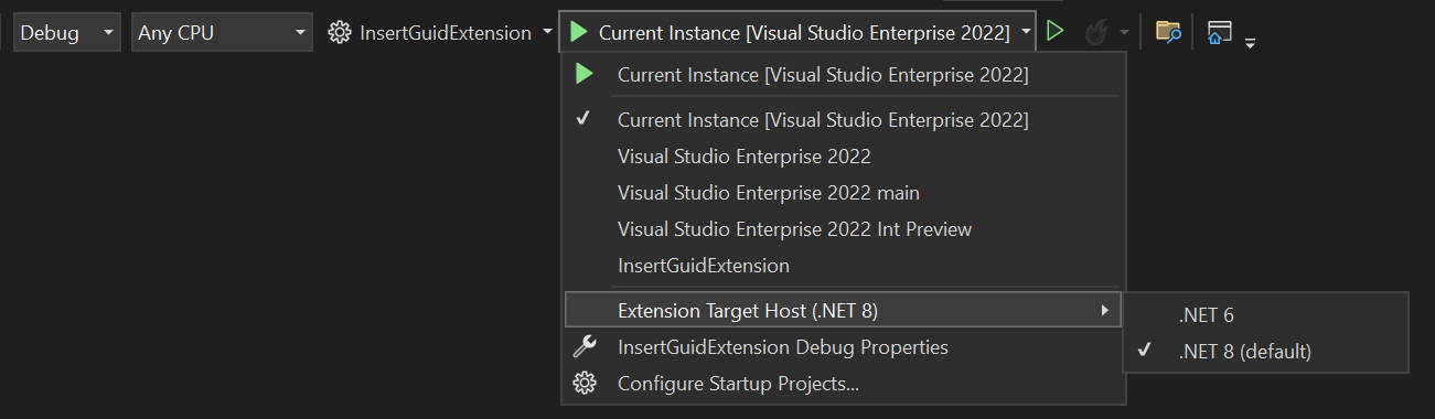 Dropdown showing options for runtime with new runtime highlighted