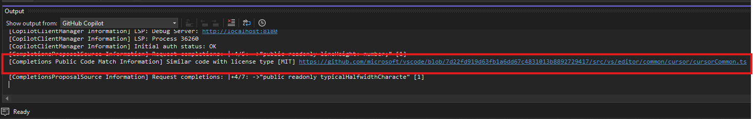 The Visual Studio Output Window, showing output from GitHub Copilot. One output message is highlighted with a red rectangular box. The highlighted output message is [Completions Public Code Match Information] Similar code with license type [MIT], followed by a link to github. 