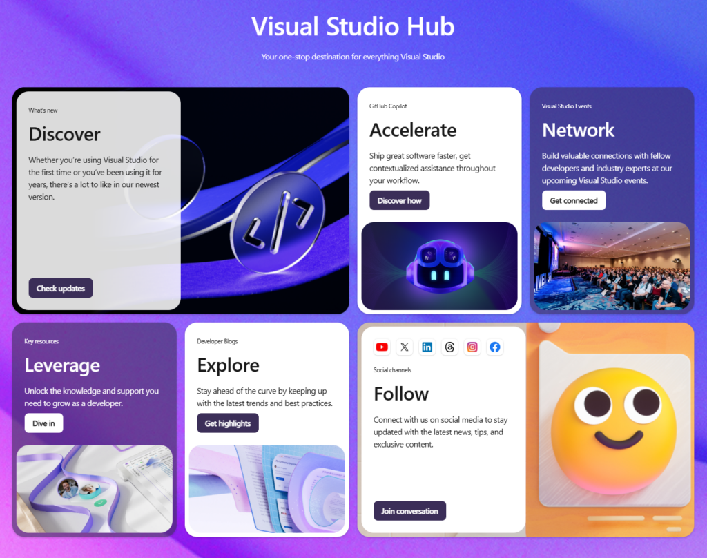 Visual Studio Hub Hero Tiles