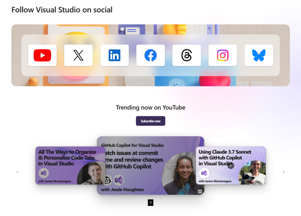 Visual studio hub social media section