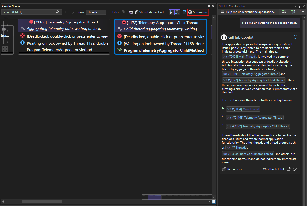 Copilot Chat Integration In Parallel Stack Deadlock example 