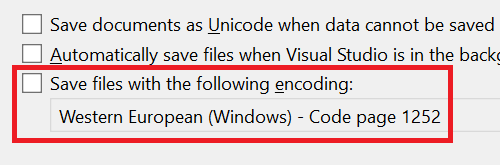 Image showing save file option with the following option Western European (Windows) - Code page 1252