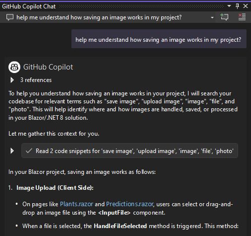 Copilot provides a detailed description on how to save an image in a project calling out specific locations