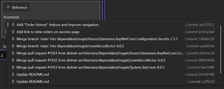 Shows a dropdown of all the git commits