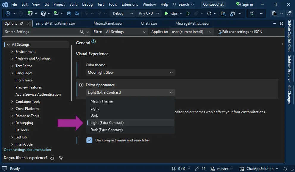 Visual Studio 2026 introduces a new Editor Appearance setting to independently configure the editor theme.