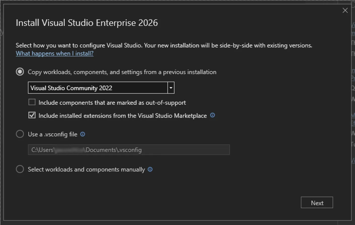New install experience, Migration landing page in Installer