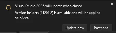 Update on close dialog in IDE with update now and postpone option