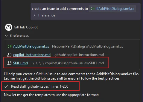 Copilot chat displays that a skill is read and referenced
