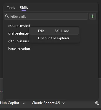Skills panel where you can edit and open skills directly