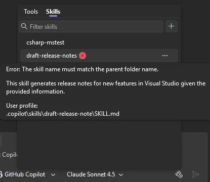 Skills panel displaying error information
