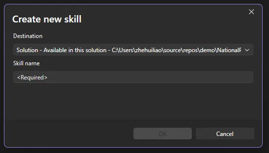 create new skills panel where user define the location of the skill and the name.