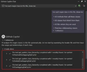 
Copilot Chat using get_symbol_class_hierarchy to analyze classes like b3HashedOverlappingPairCache, b3SortedOverlappingPairCache, and b3OverlappingPairCache, showing completed tool calls with results