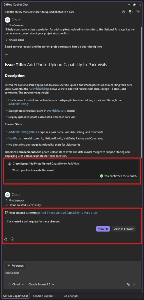 GitHub Copilot Chat showing the full cloud agent workflow: issue creation confirmation, successful issue creation, and a pull request with View PR and Open in browser buttons