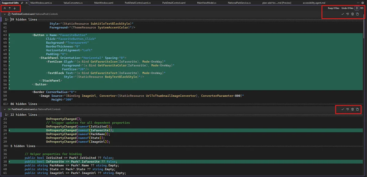 The unified Suggested Edits view showing inline diffs across ParkDetailControl.xaml and ParkDetailControl.xaml.cs with per-file Keep and Undo controls and a Keep 8 files / Undo 8 files header.