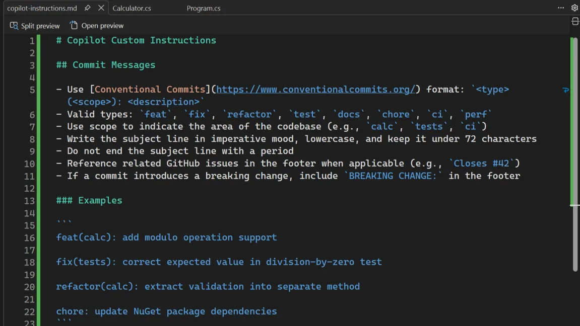 A copilot-instructions.md file open in the editor with a Commit Messages section listing Conventional Commits rules and concrete examples.