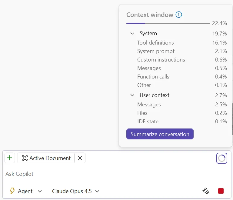 The Context window flyout showing 22.4% usage, with a breakdown by System (Tool definitions, System prompt, Custom instructions, Messages, Function calls) and User context (Messages, Files, IDE state), plus a Summarize conversation button.