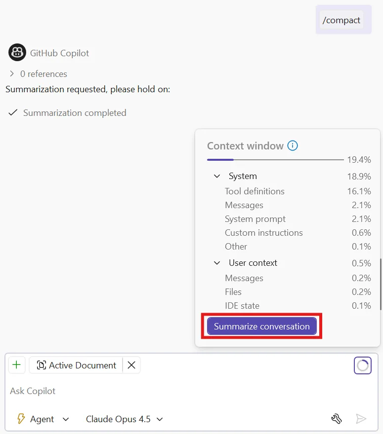 Copilot Chat after running /compact, with a Summarization completed notice and the context window flyout showing reduced usage at 19.4% with the Summarize conversation button highlighted.