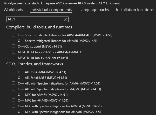 The Visual Studio Installer's Individual components tab filtered by 14.51, listing MSVC Build Tools and ATL/MFC components for x64/x86 and ARM64/ARM64EC.