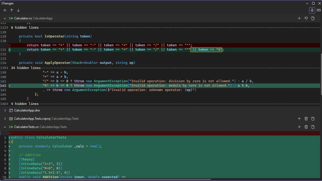 The unified Changes view showing diffs for Calculator.cs (added modulo operator support) and a new CalculatorTests.cs file with inline test cases.