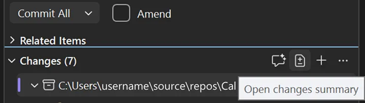 The Git Changes pane in Visual Studio showing seven changed files with the Open changes summary button highlighted in the section toolbar.