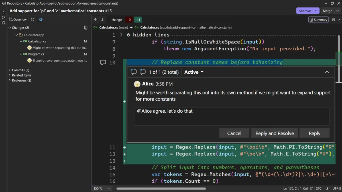A pull request open in Visual Studio, showing an inline comment thread in the file diff with a reply being drafted