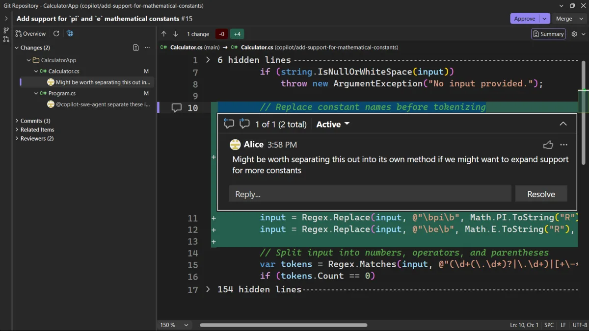 A pull request open in Visual Studio, showing changed files and comments list in the left panel and a file diff on the right