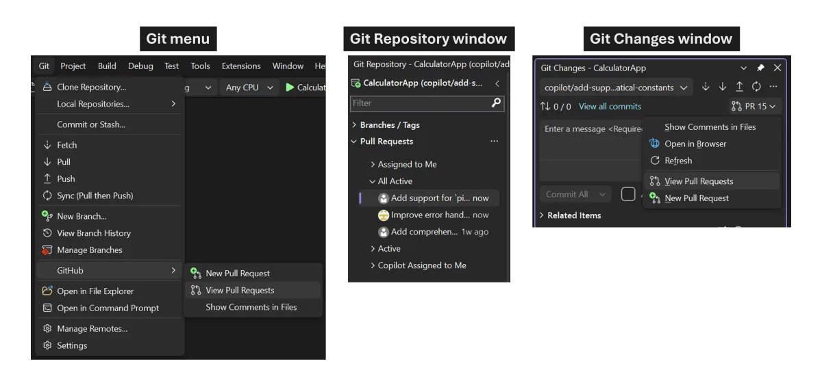 The three pull request entry points in Visual Studio, from the Git Repository window, Git Changes window, and Git menu