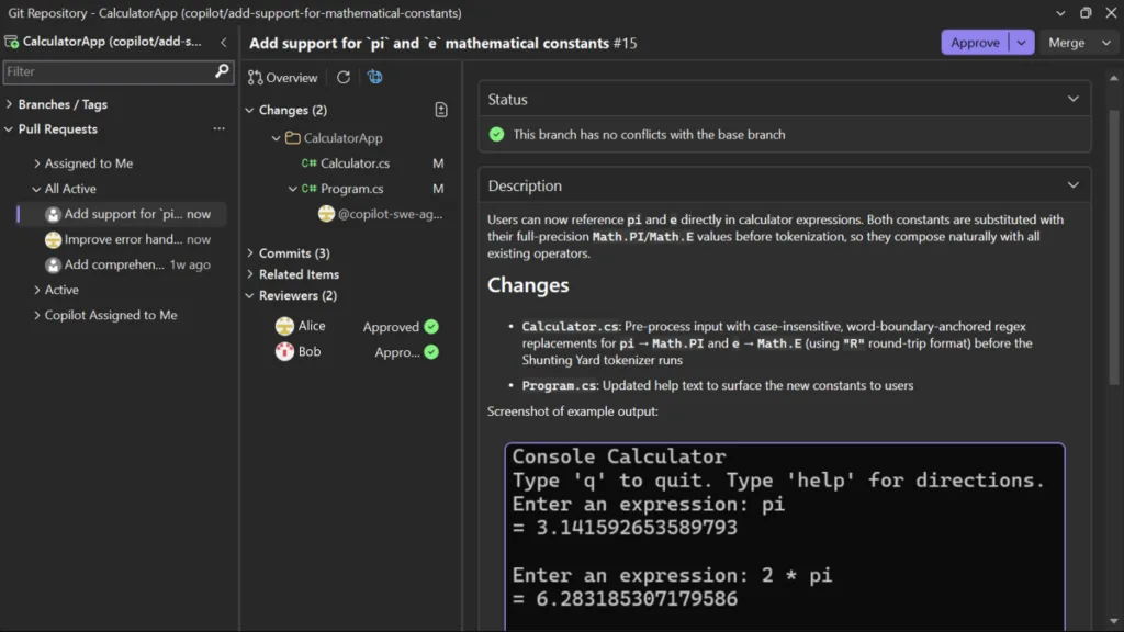 A pull request open in Visual Studio, showing the pull request list, overview, and approve and merge actions