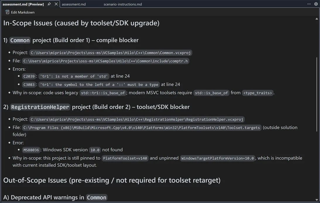 An assessment.md document generated by the modernization agent for a Hilo C++ sample, listing in-scope toolset upgrade issues (compile blockers like C2039 'tr1' not a member of std, and MSB8036 Windows SDK 10.0 not found) with project paths, file paths, and rationale for each.