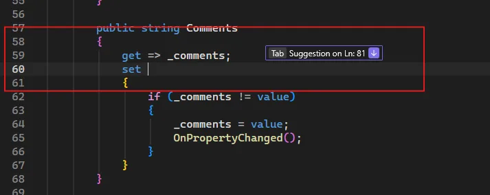 A C# property setter at line 60 with the cursor positioned in the setter body and a "Tab Suggestion on Ln: 81" hint pointing to a Next Edit Suggestion several lines further down the file.