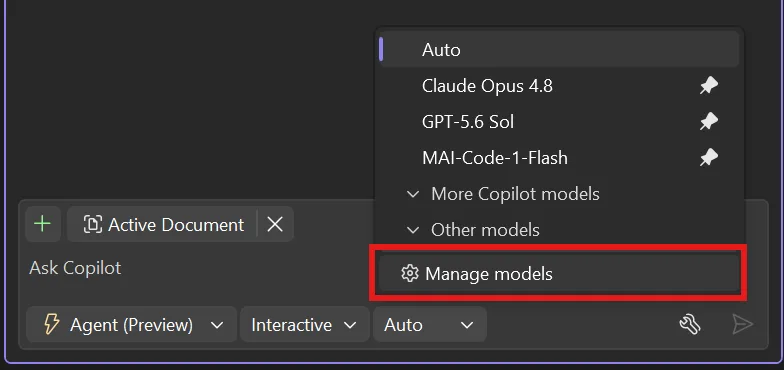 Manage models option shown at the bottom of the model picker
