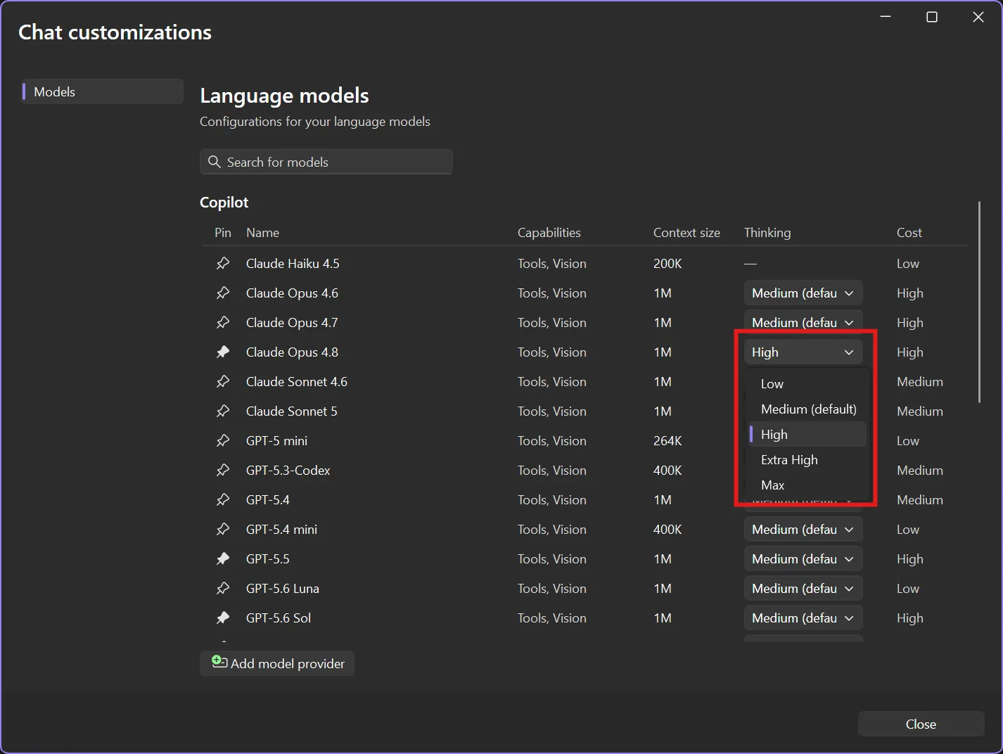 Thinking level config shown in expanded model details view