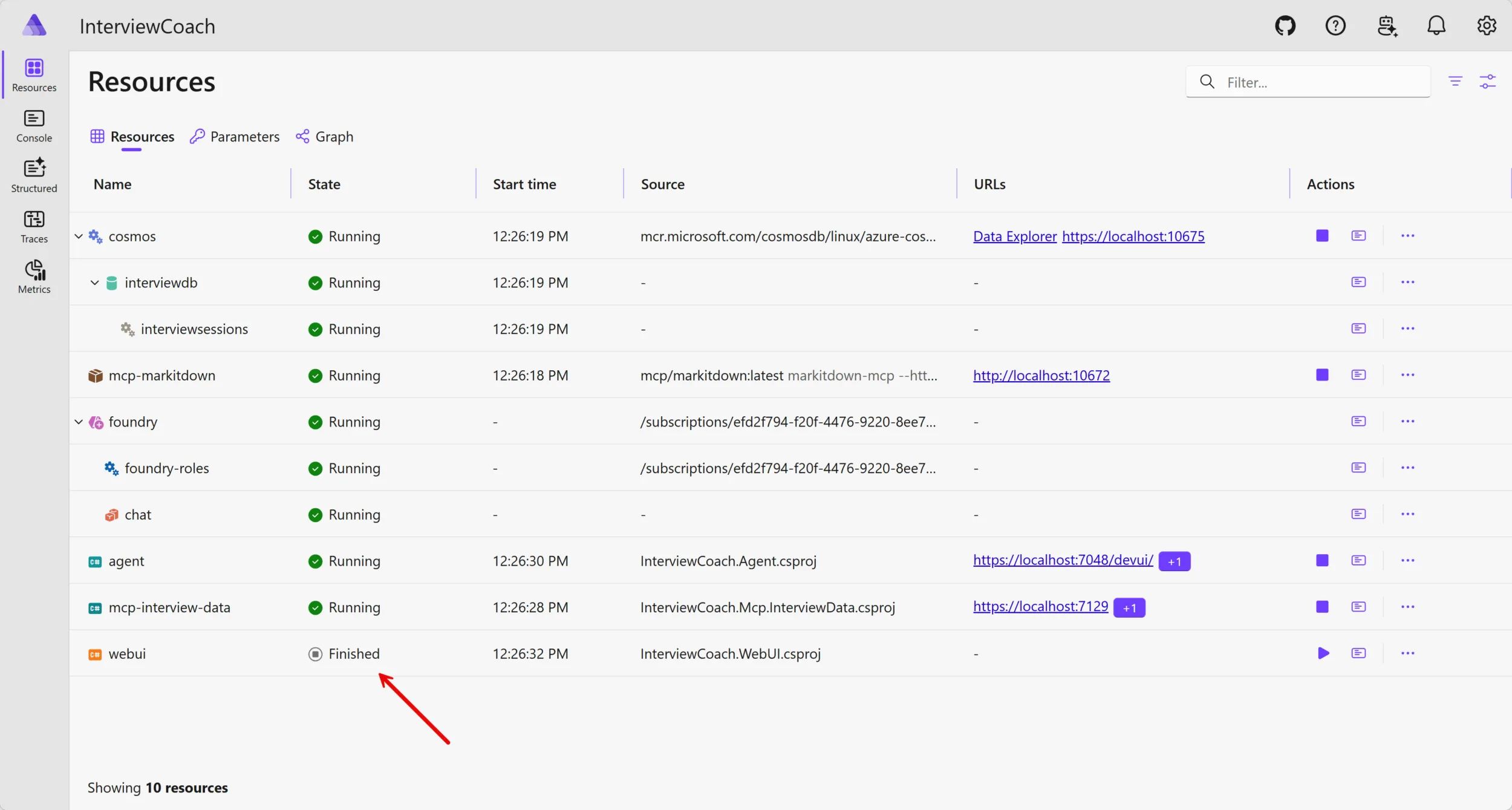 Aspire dashboard showing the stopped Web UI
