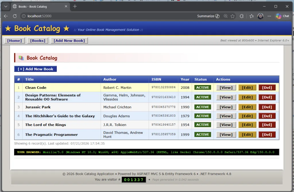 screenshot of the book catalog application