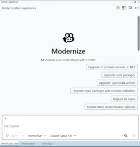 Screenshot of the GitHub Copilot chat experience for the modernization agent