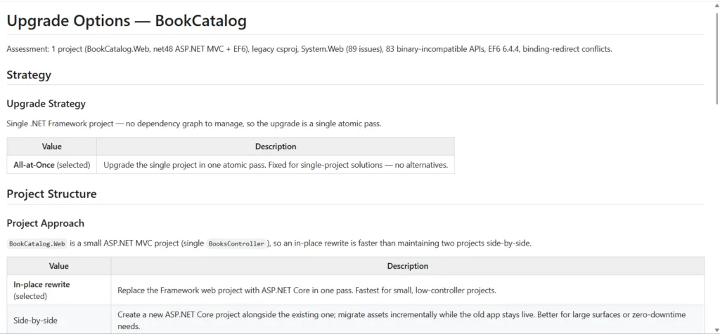 Screenshot of the upgrade options window for modernization