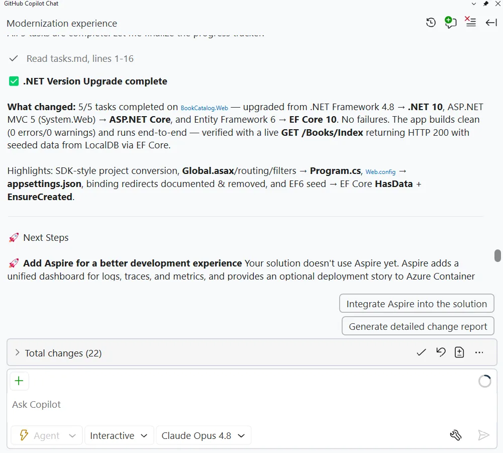 Screenshot of GitHub Copilot reporting the upgrade process is finished