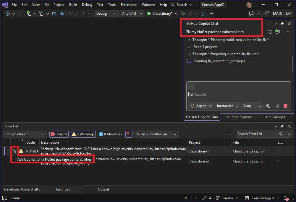 Error List showing an NU1903 vulnerability warning with the Fixer action selected, opening GitHub Copilot Chat to fix the vulnerable package