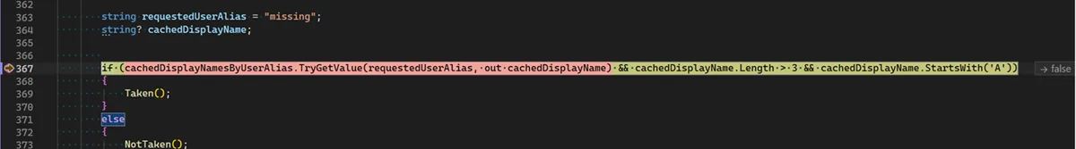 Debugger inline highlighting showing the operand in an AND condition that caused the result to fail, with a red "→ false" hint