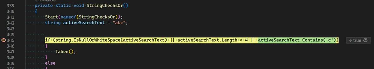 Debugger inline highlighting showing the operand in an OR condition that satisfied the result, with a green "→ true" hint