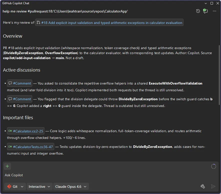 GitHub Copilot Chat showing a pull request review summary with clickable file and comment references linking directly into the pull request view