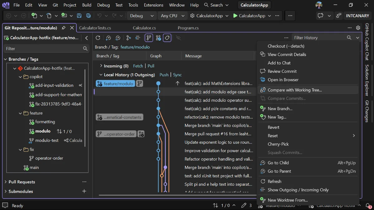 Git Repository history with a commit context menu highlighting Compare with Working Tree