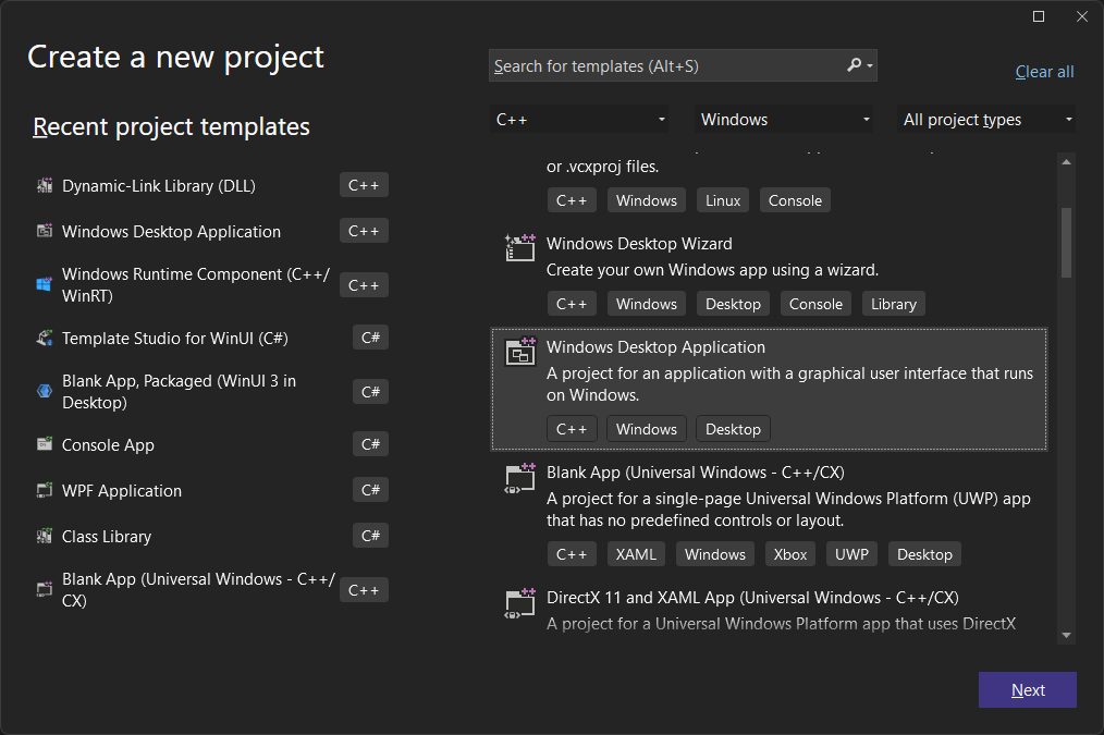 Visual Studio New Windows Desktop App