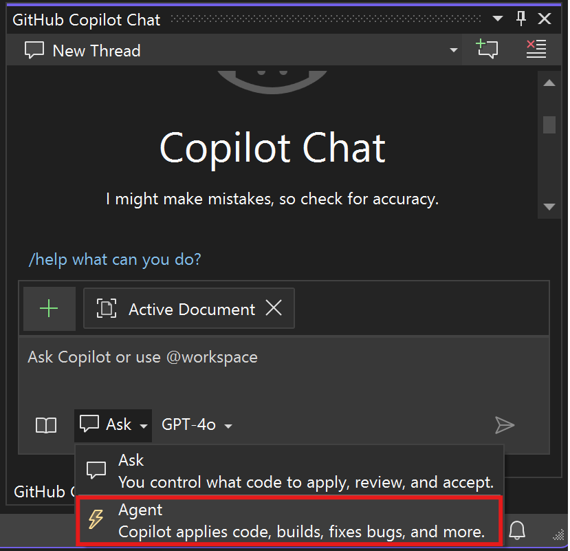 Screenshot that shows Copilot agent mode selector.