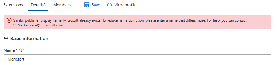 Screenshot showing the Visual Studio Marketplace validation to prevent impersonation of a popular publisher.