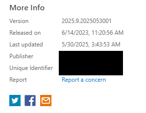 Screenshot showing the Report a Concern link for a package in the Visual Studio Marketplace
