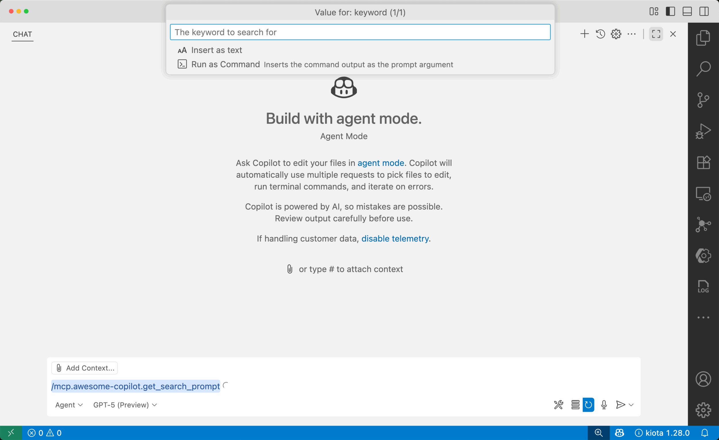 GitHub Copilot Chat prompting for search keywords for the Awesome Copilot MCP server