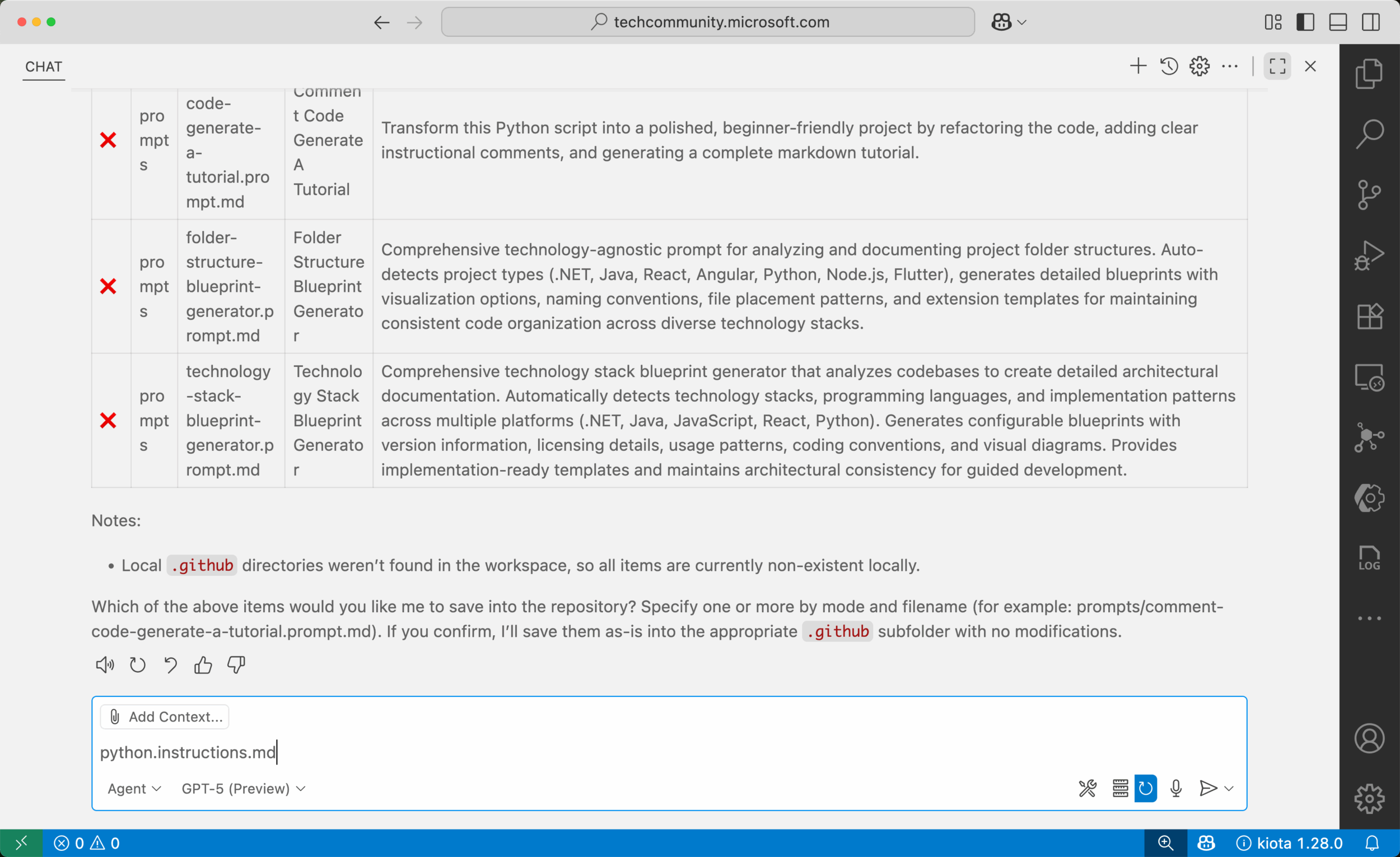 Chat asks which Python customization to save; user enters filename such as python.instructions.md